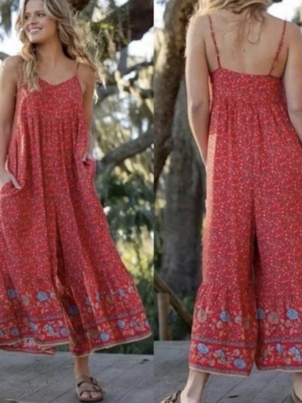 Natural Life Wide Leg Jumper Bohemian Oversized Jumpsuit Size Small Red Floral - Picture 2 of 6